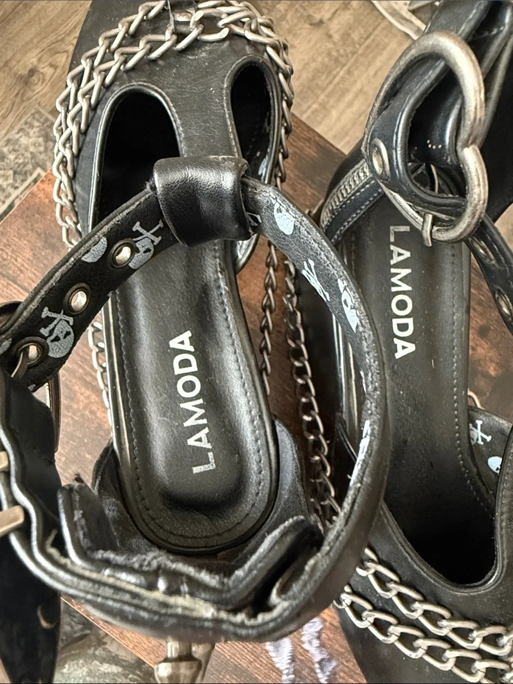 LAMODA Black Platform Mary Janes with Chain & Spike Accents